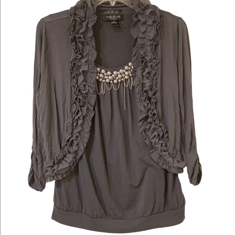 August Silk Grey Chic Set Tank and 3/4 Cardigan Petite Medium Pearl Neckline